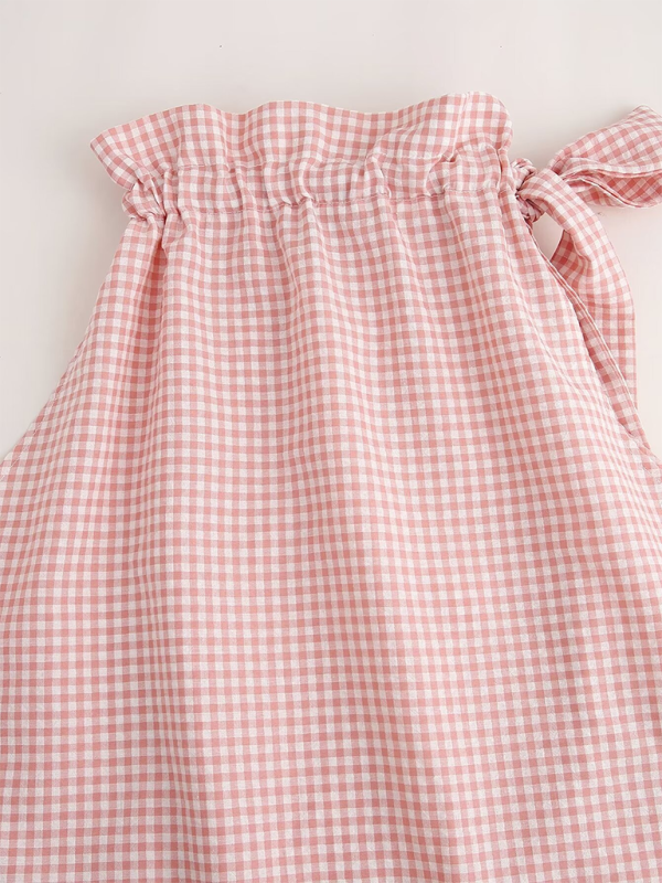 Summer Tops- Women's Blouse with Gingham Print and Bow Detail- - Pekosa Women Fashion