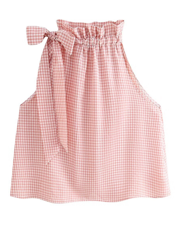 Summer Tops- Women's Blouse with Gingham Print and Bow Detail- - Pekosa Women Fashion