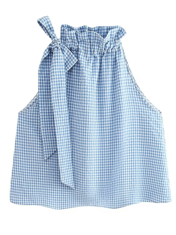 Summer Tops- Women's Blouse with Gingham Print and Bow Detail- - Pekosa Women Fashion