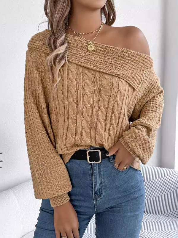 Sweaters - Asymmetric Lapel Off-shoulder Cable Knit Long Sleeve Sweaters