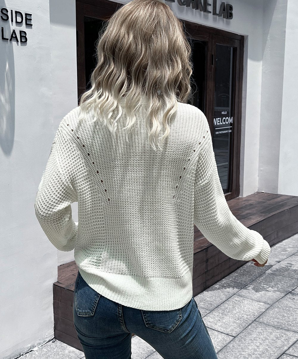 Sweaters- Cable Knitted V-Neck Drop Shoulder Sweater- - Pekosa Women Clothing