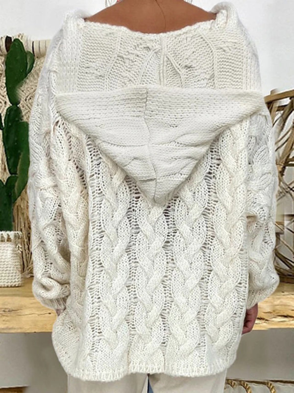Sweaters - Comfy Hooded Cable Knit Sweater for Women