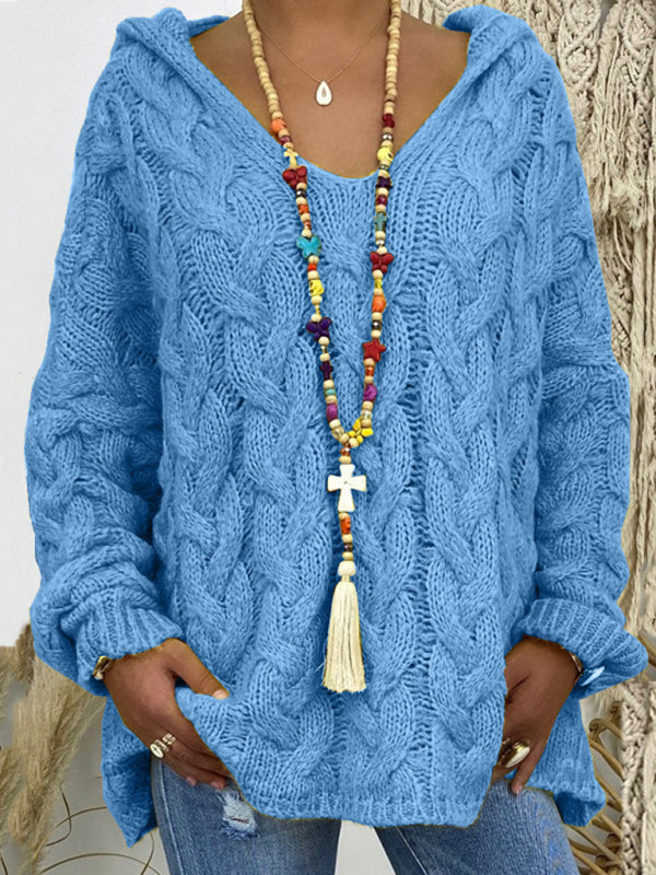 Sweaters - Comfy Hooded Cable Knit Sweater for Women