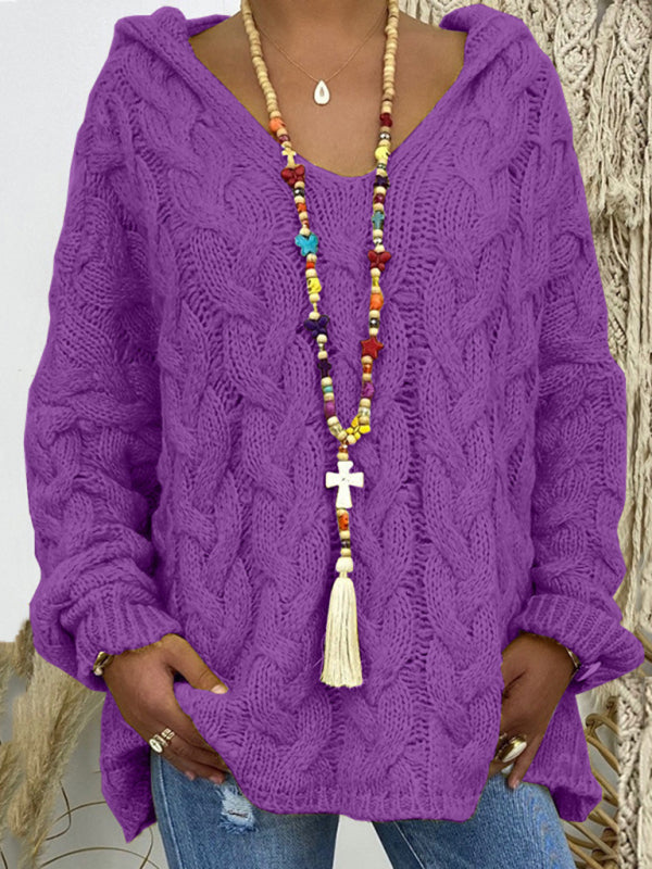 Sweaters - Comfy Hooded Cable Knit Sweater for Women