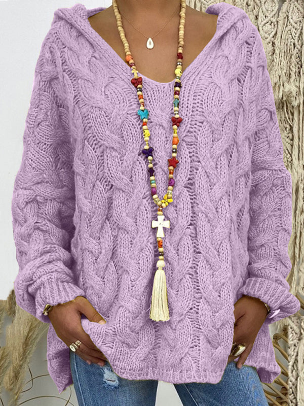 Sweaters - Comfy Hooded Cable Knit Sweater for Women