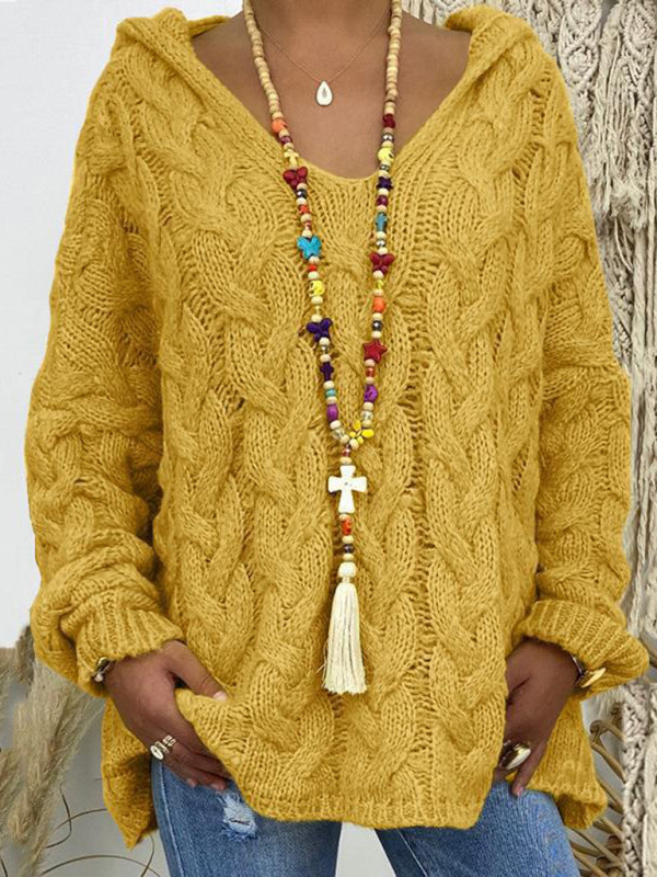 Sweaters - Comfy Hooded Cable Knit Sweater for Women