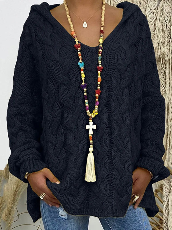 Sweaters - Comfy Hooded Cable Knit Sweater for Women
