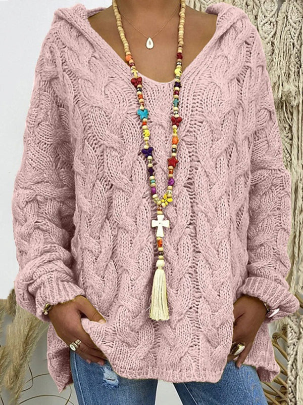 Sweaters - Comfy Hooded Cable Knit Sweater for Women