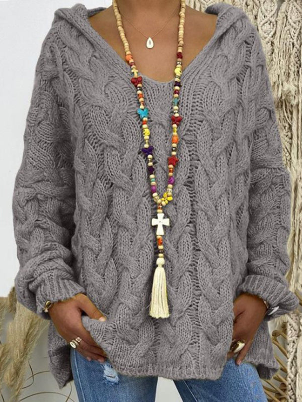 Sweaters - Comfy Hooded Cable Knit Sweater for Women