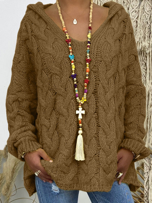 Sweaters - Comfy Hooded Cable Knit Sweater for Women