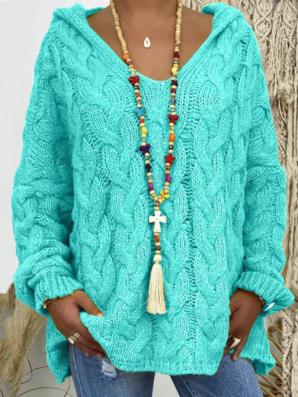 Sweaters - Comfy Hooded Cable Knit Sweater for Women