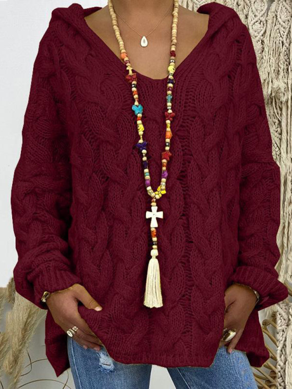 Sweaters - Comfy Hooded Cable Knit Sweater for Women
