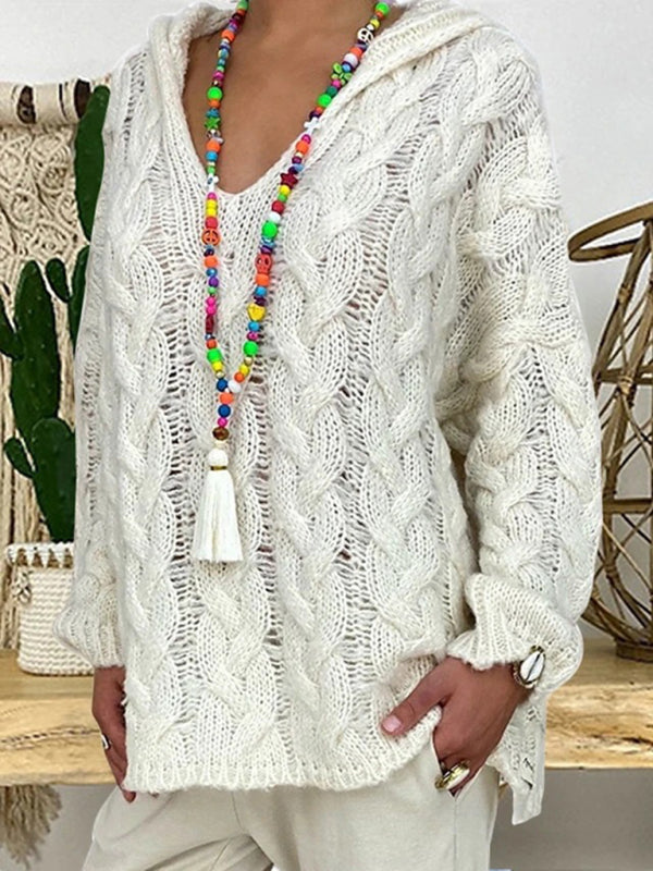Sweaters - Comfy Hooded Cable Knit Sweater for Women