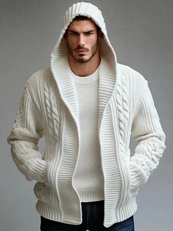 Sweaters - Men's White Cable Knit Sweater with Hood
