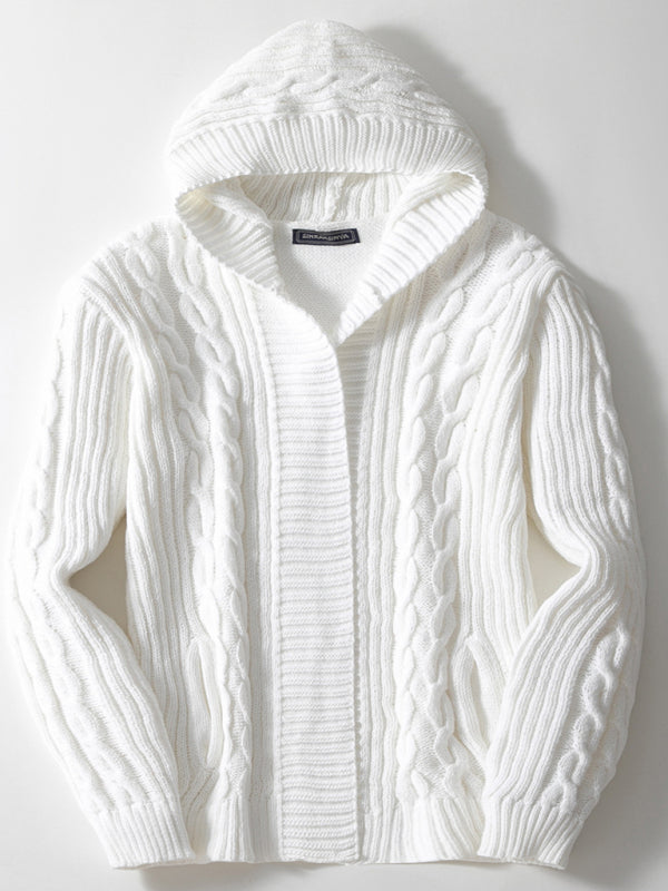 Sweaters - Men's White Cable Knit Sweater with Hood