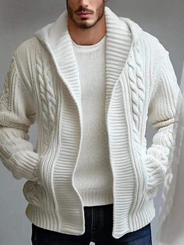 Sweaters - Men's White Cable Knit Sweater with Hood