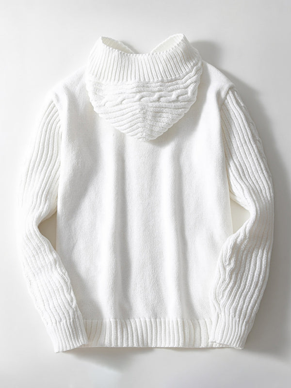 Sweaters - Men's White Cable Knit Sweater with Hood