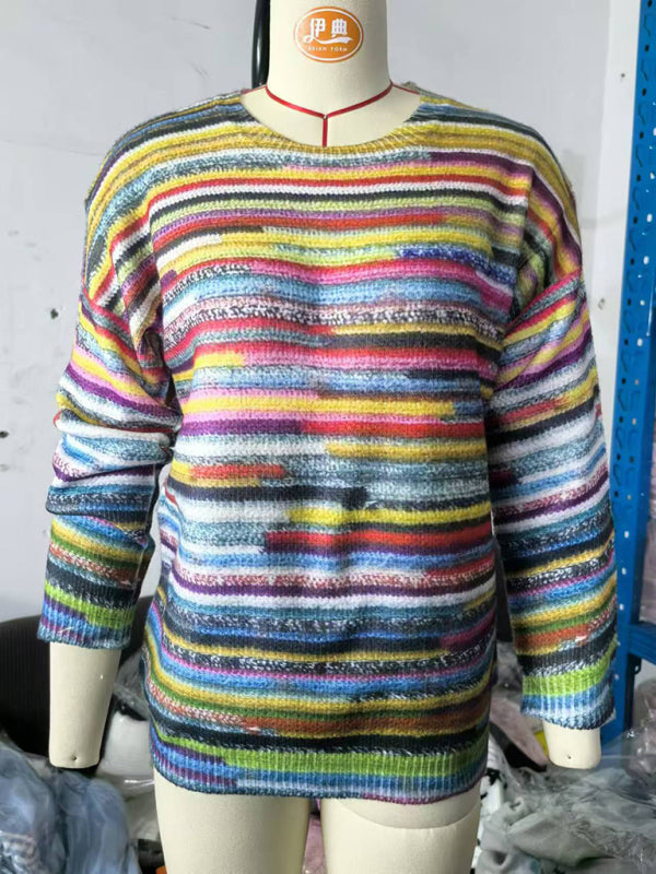 Sweaters - Multi-Color Knit Jumpers Artistic Print Sweaters for Everyday