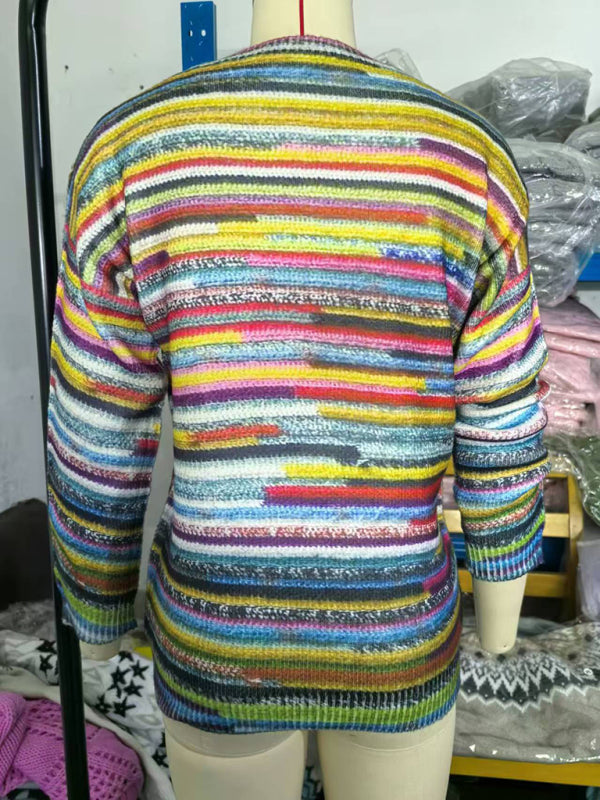 Sweaters - Multi-Color Knit Jumpers Artistic Print Sweaters for Everyday