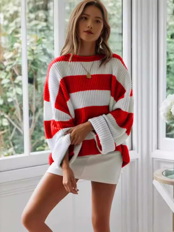Sweaters - Red & White Striped Sweater Oversized Jumper