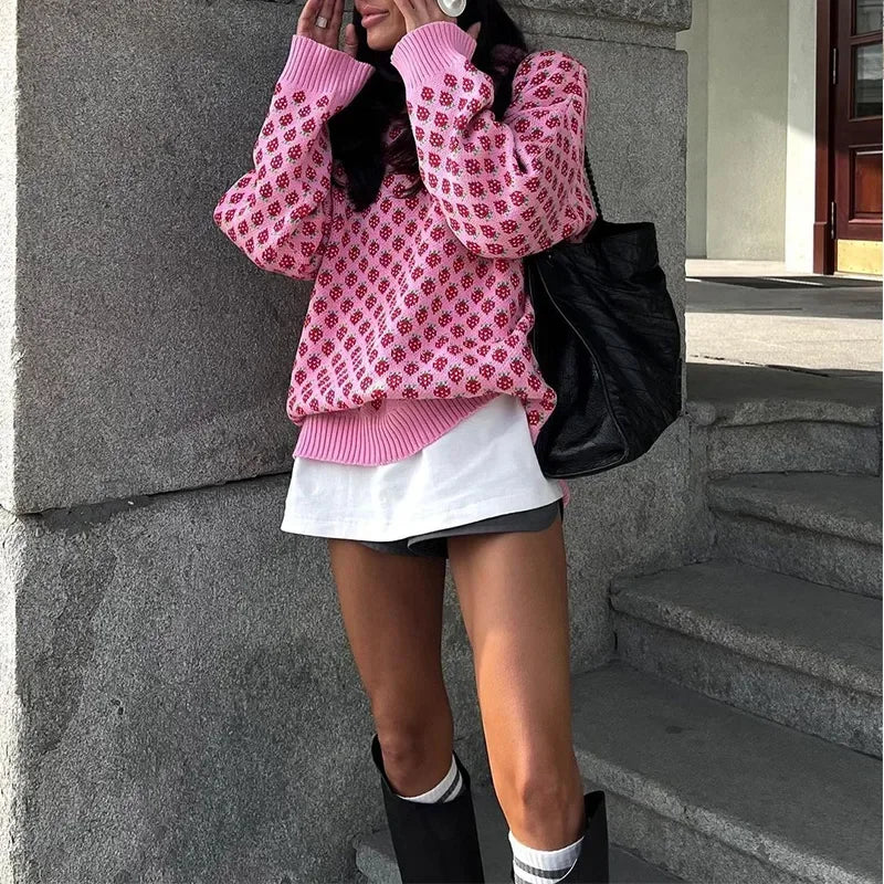 Sweaters - Strawberry Knit Oversized Sweater for Women