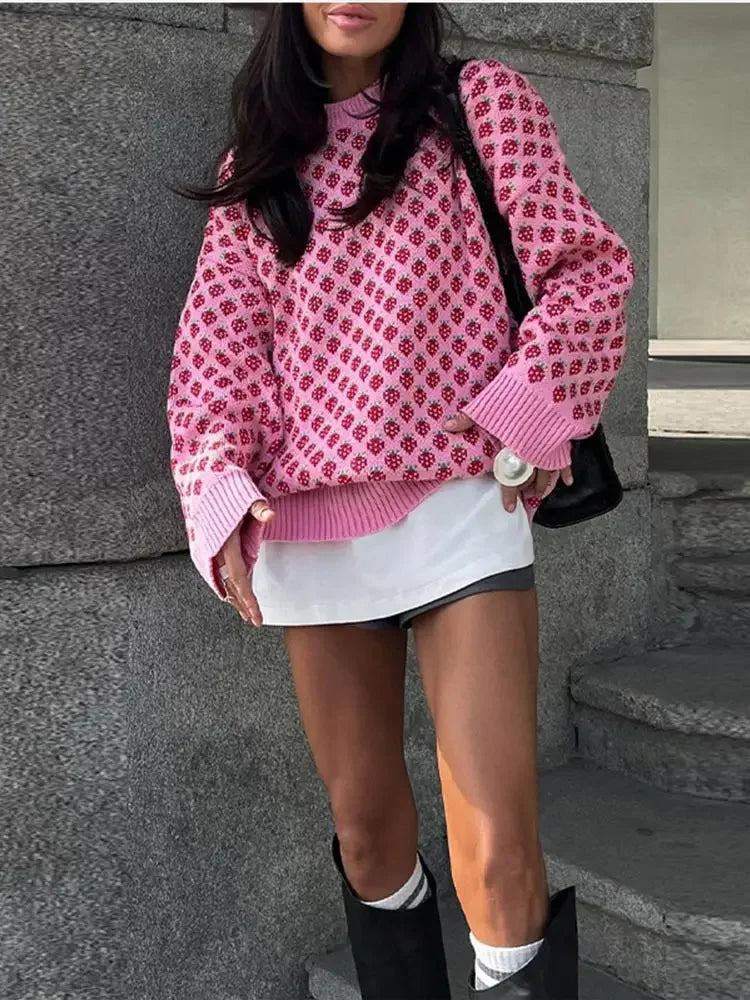 Sweaters - Strawberry Knit Oversized Sweater for Women