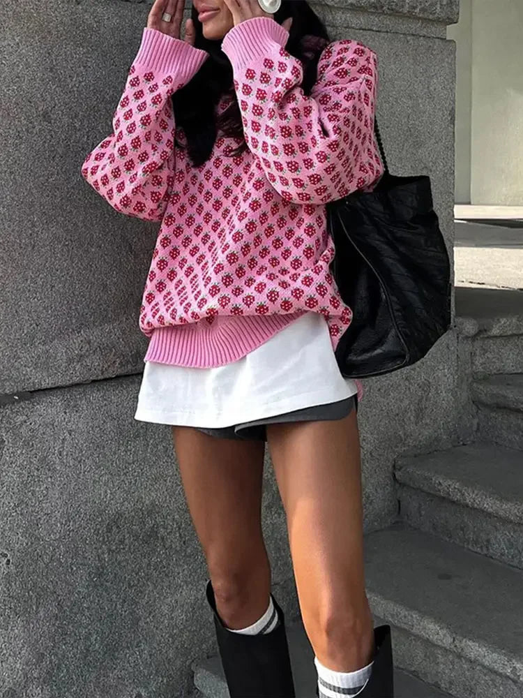 Sweaters - Strawberry Knit Oversized Sweater for Women