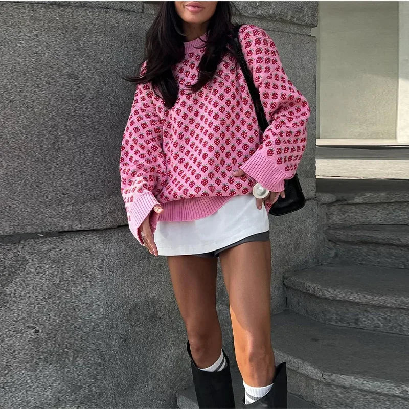 Sweaters - Strawberry Knit Oversized Sweater for Women