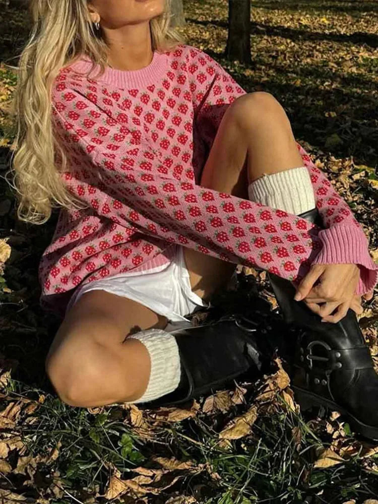 Sweaters - Strawberry Knit Oversized Sweater for Women