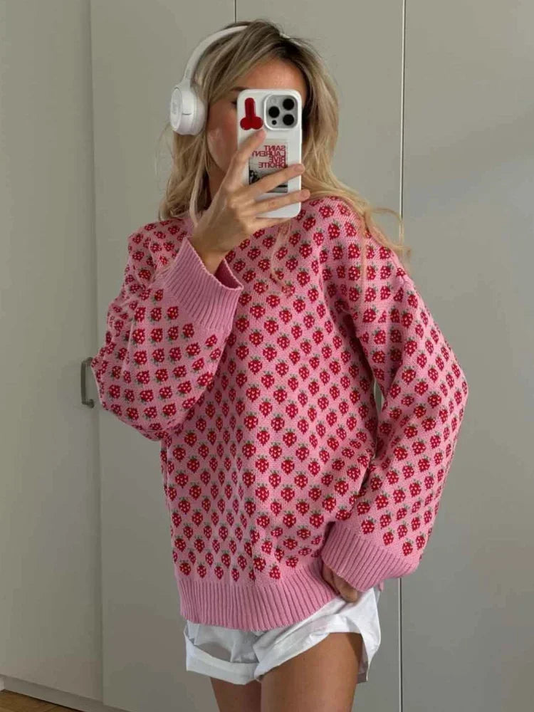 Sweaters - Strawberry Knit Oversized Sweater for Women
