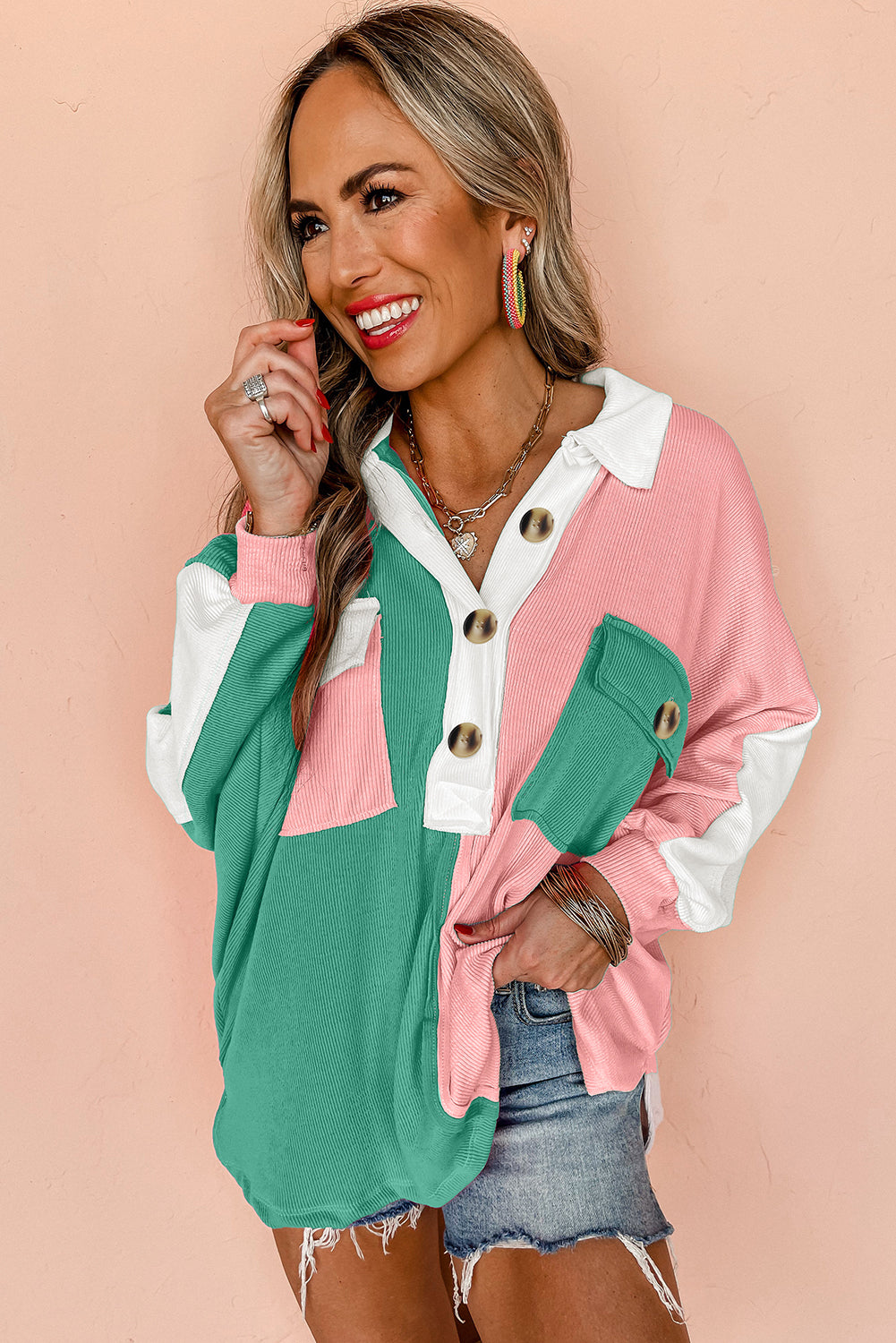Sweatshirts & Hoodies - Colorblock Oversized Sweatshirt Ribbed Top