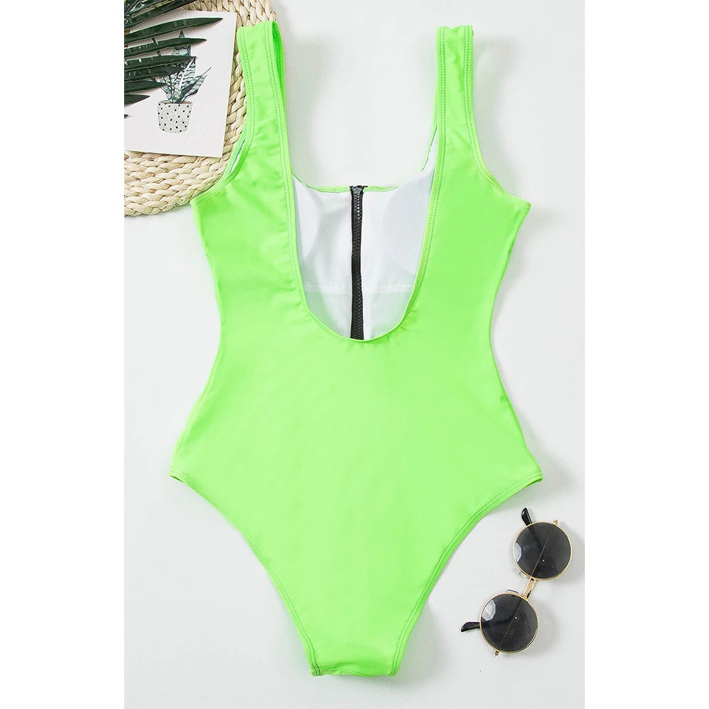 Swimsuits - Women's Vacation One-Piece Swimsuit with Contrast Zip-Up