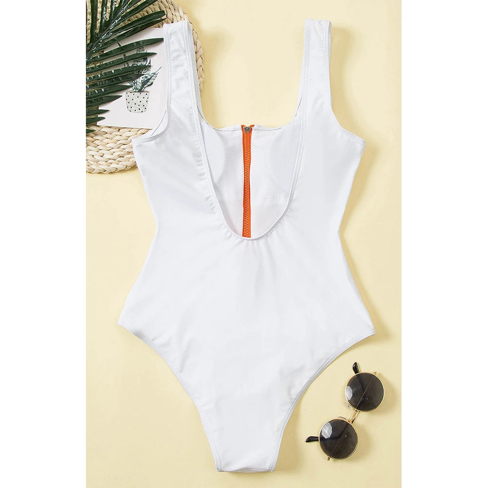 Swimsuits - Women's Vacation One-Piece Swimsuit with Contrast Zip-Up