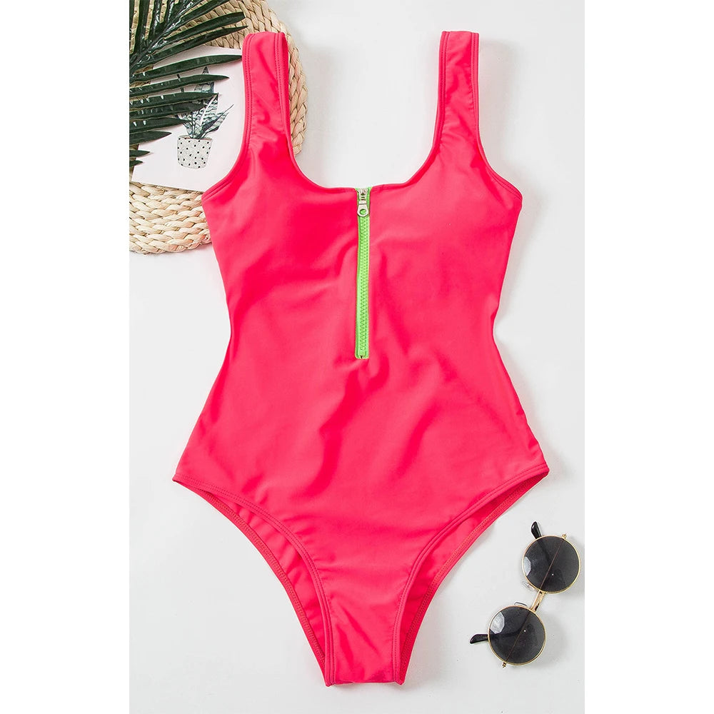 Swimsuits - Women's Vacation One-Piece Swimsuit with Contrast Zip-Up