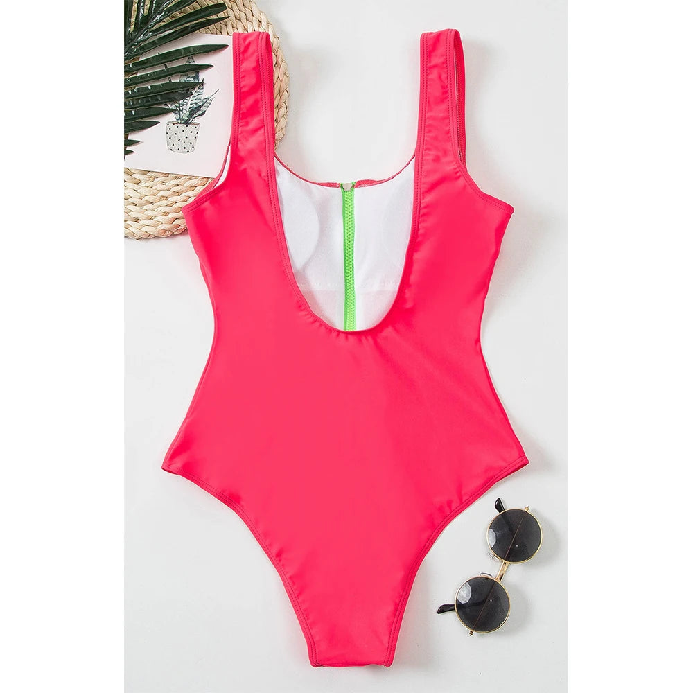 Swimsuits - Women's Vacation One-Piece Swimsuit with Contrast Zip-Up