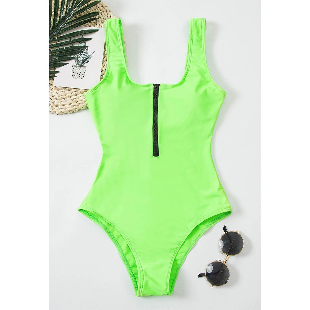 Swimsuits - Women's Vacation One-Piece Swimsuit with Contrast Zip-Up