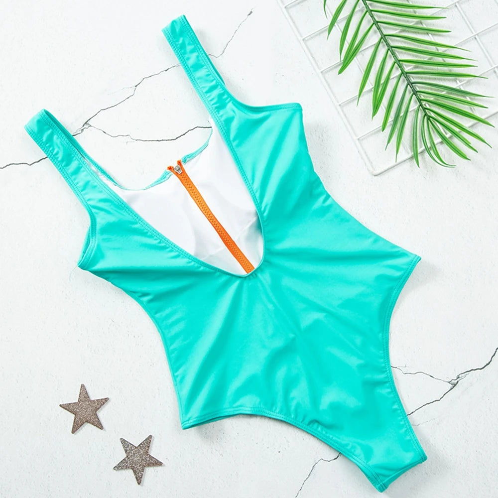 Swimsuits - Women's Vacation One-Piece Swimsuit with Contrast Zip-Up