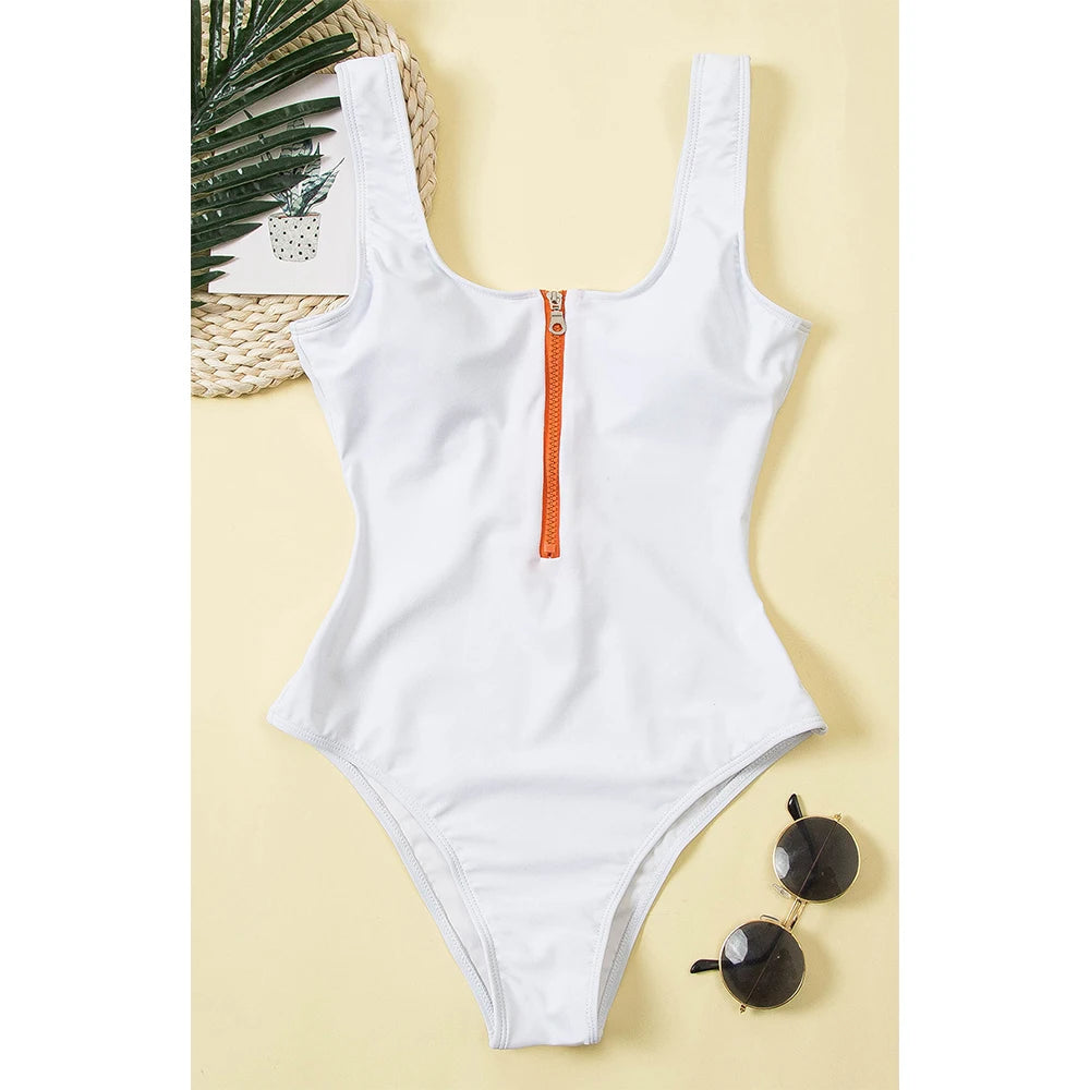 Swimsuits - Women's Vacation One-Piece Swimsuit with Contrast Zip-Up