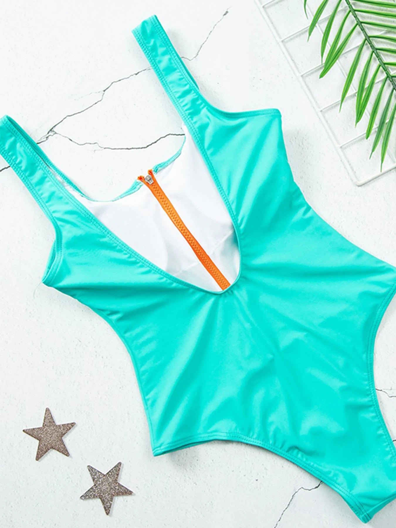 Swimsuits - Women's Vacation One-Piece Swimsuit with Contrast Zip-Up
