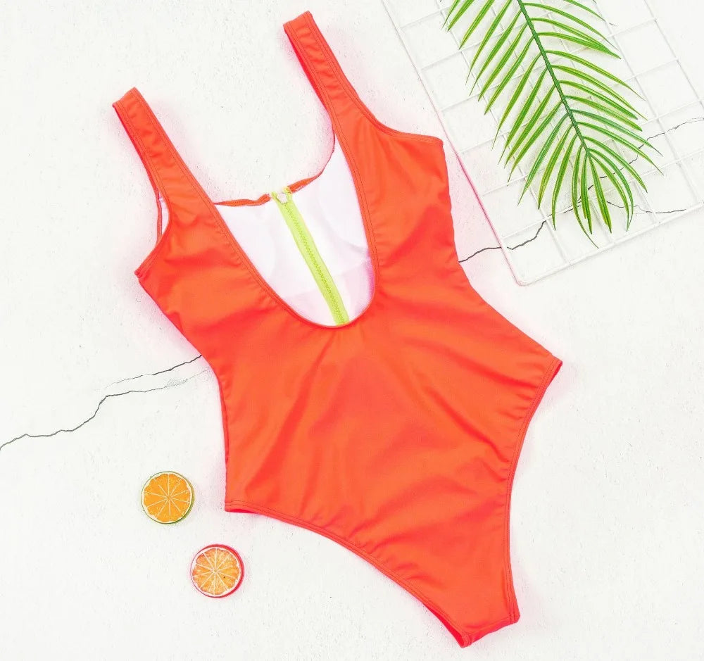 Swimsuits - Women's Vacation One-Piece Swimsuit with Contrast Zip-Up