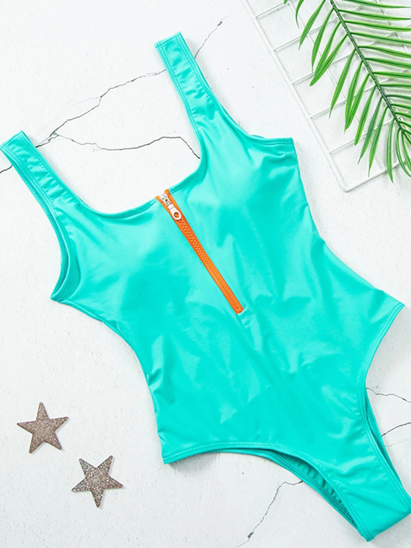 Swimsuits - Women's Vacation One-Piece Swimsuit with Contrast Zip-Up