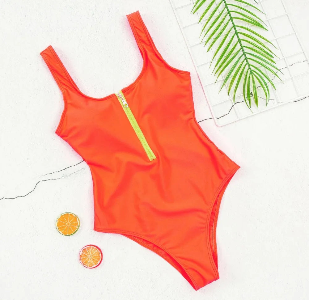Swimsuits - Women's Vacation One-Piece Swimsuit with Contrast Zip-Up