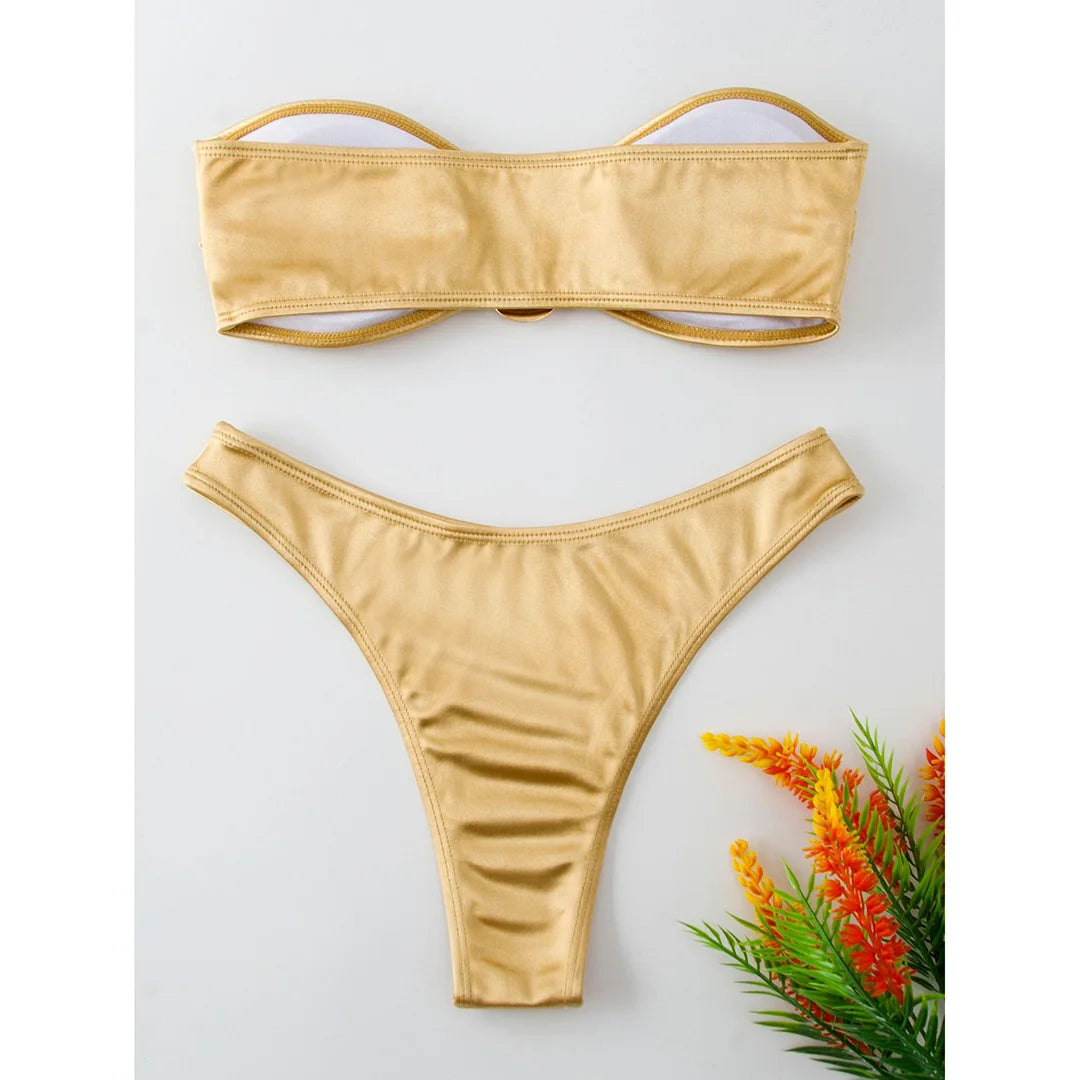 Swimwear - Bandeau 2 Piece Bikini with Satin Finish and Gold Highlights