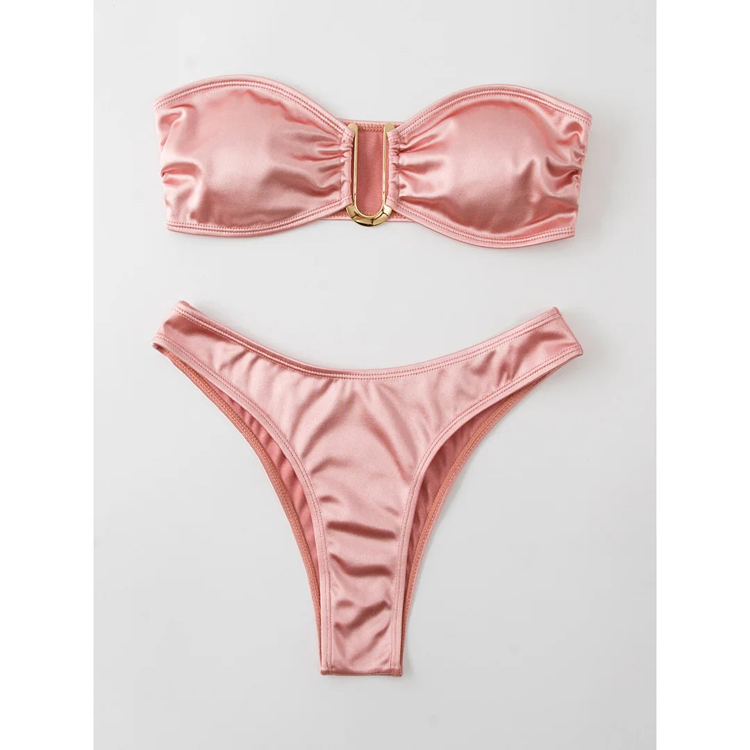 Swimwear - Bandeau 2 Piece Bikini with Satin Finish and Gold Highlights