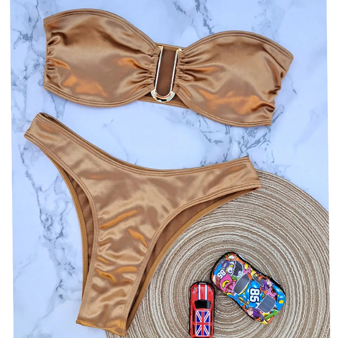 Swimwear - Bandeau 2 Piece Bikini with Satin Finish and Gold Highlights