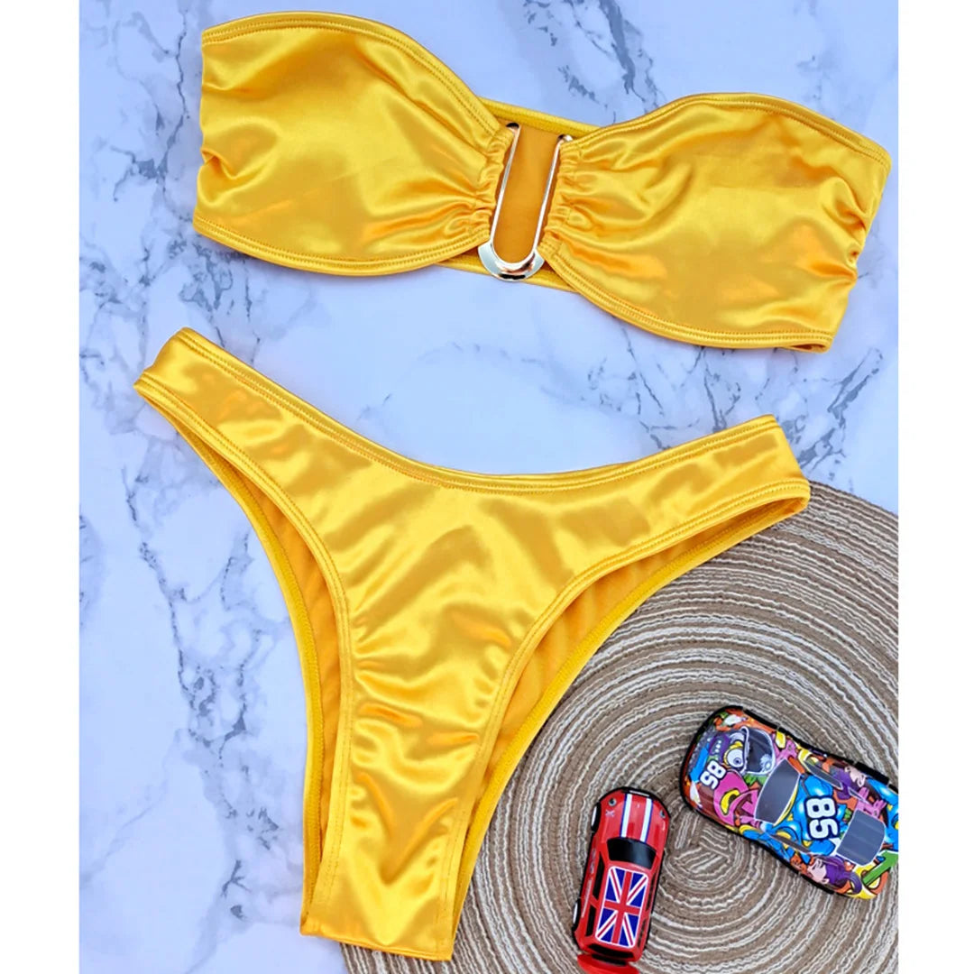 Swimwear - Bandeau 2 Piece Bikini with Satin Finish and Gold Highlights