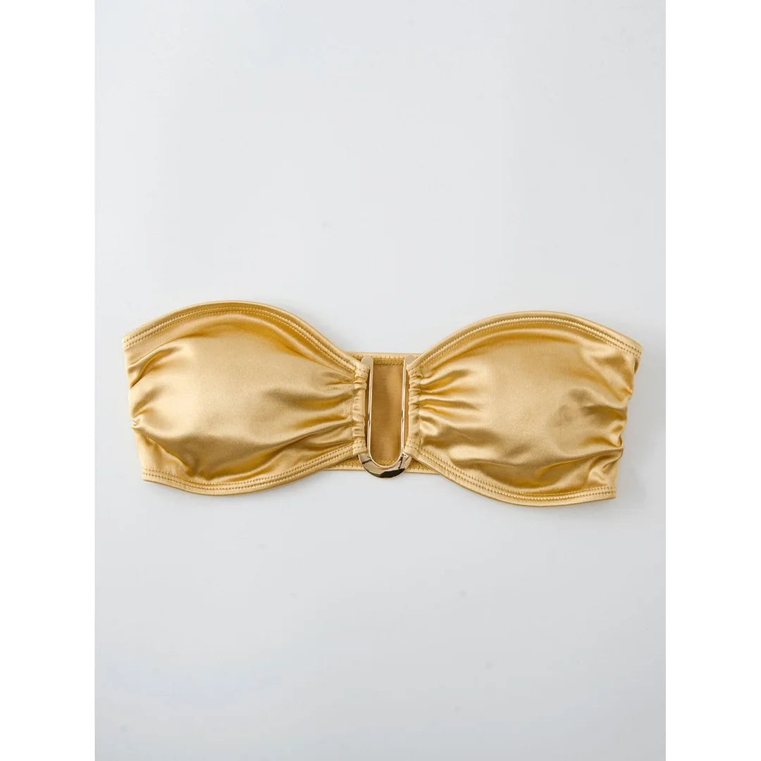 Swimwear - Bandeau 2 Piece Bikini with Satin Finish and Gold Highlights