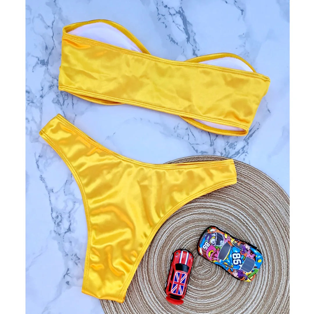 Swimwear - Bandeau 2 Piece Bikini with Satin Finish and Gold Highlights