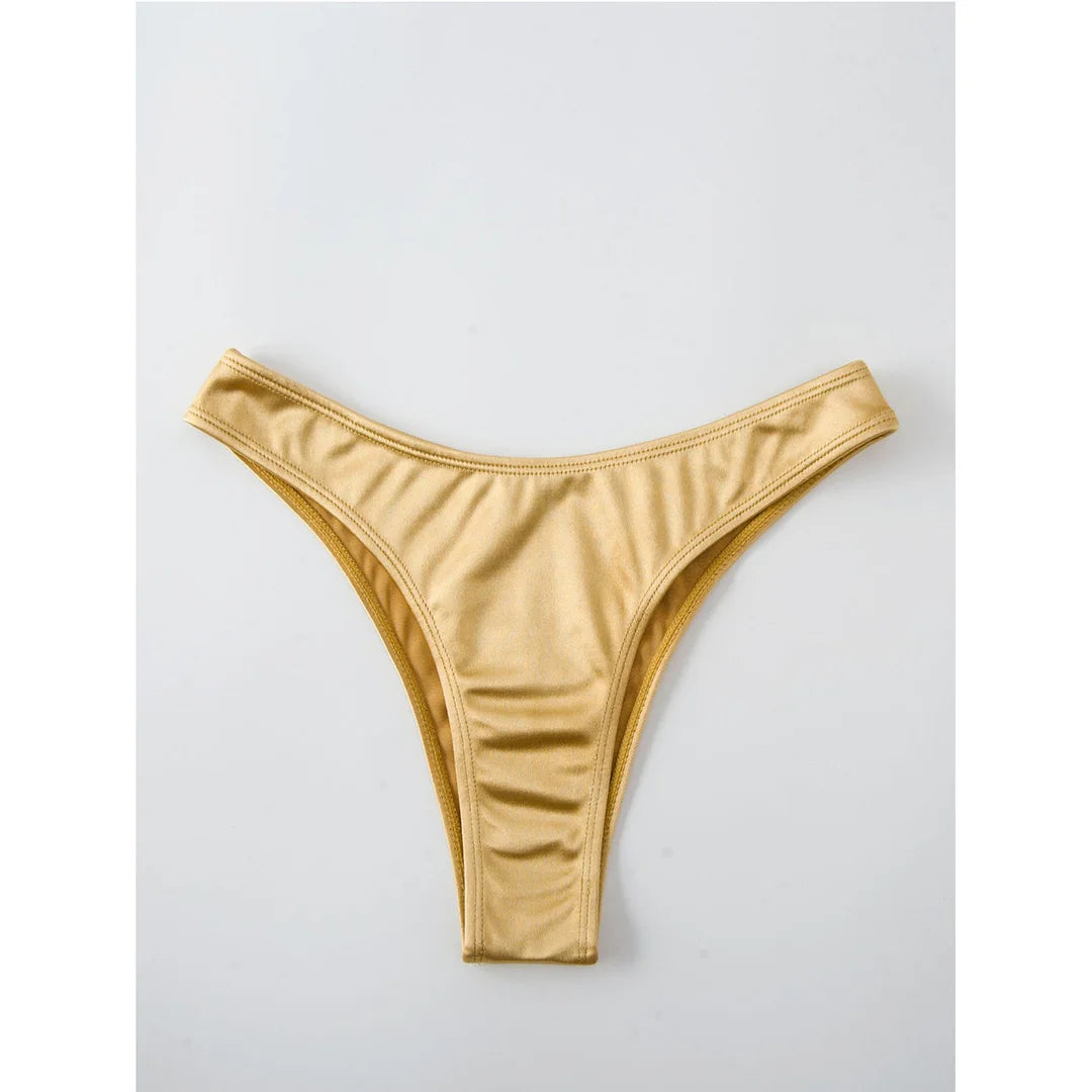 Swimwear - Bandeau 2 Piece Bikini with Satin Finish and Gold Highlights