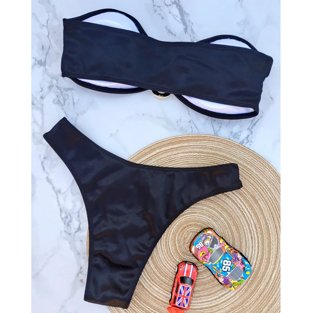 Swimwear - Bandeau 2 Piece Bikini with Satin Finish and Gold Highlights